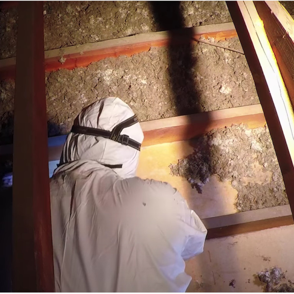 man removes blown in insulation from loft