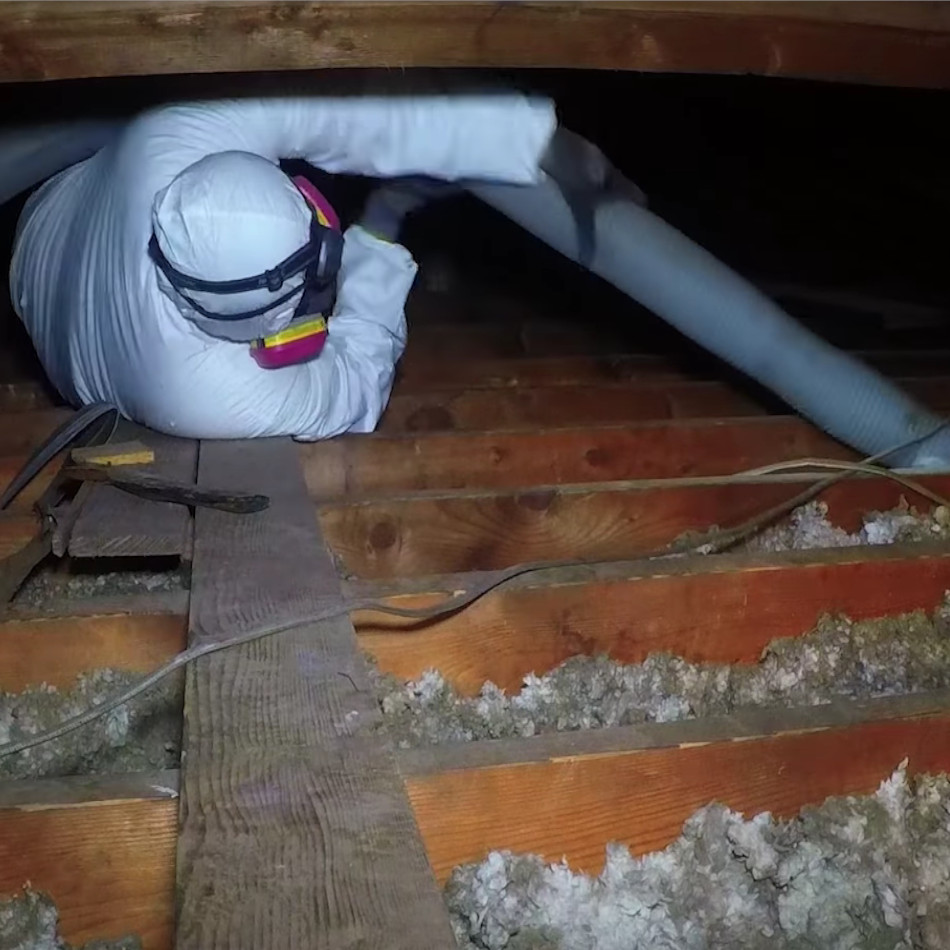 man removing blown in insulation