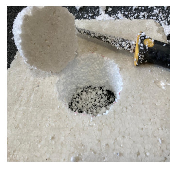 round hole cut  in polystyrene by pad saw